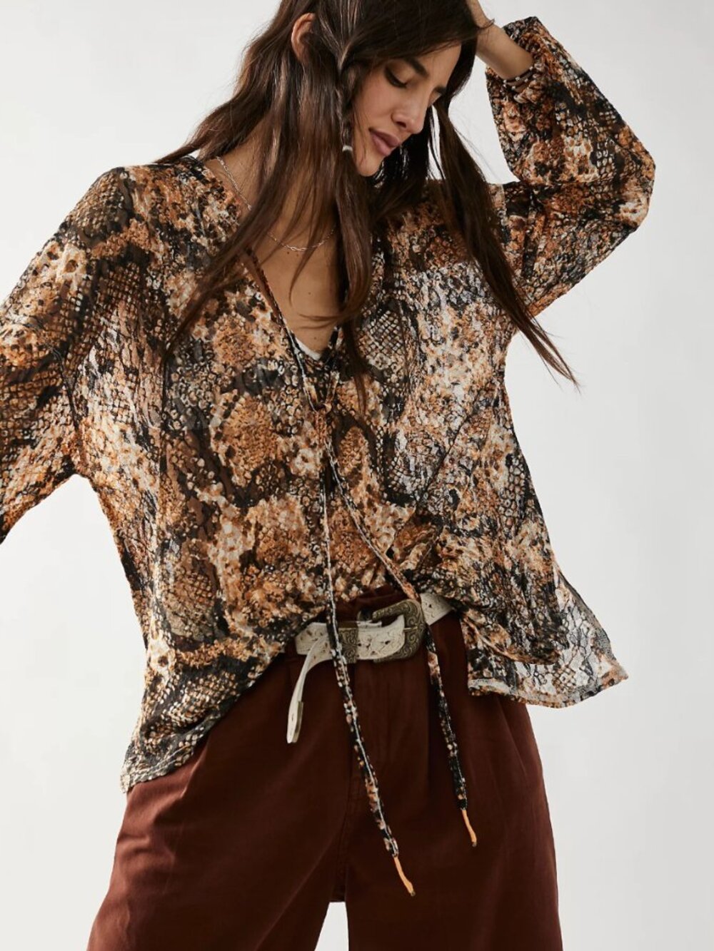 Free People Out For The Night Top Snakeskin Print Boho Blouse | Sheer Top